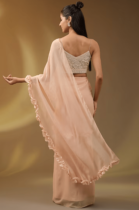 Beige Georgette Ruffled Saree Set - Image 4