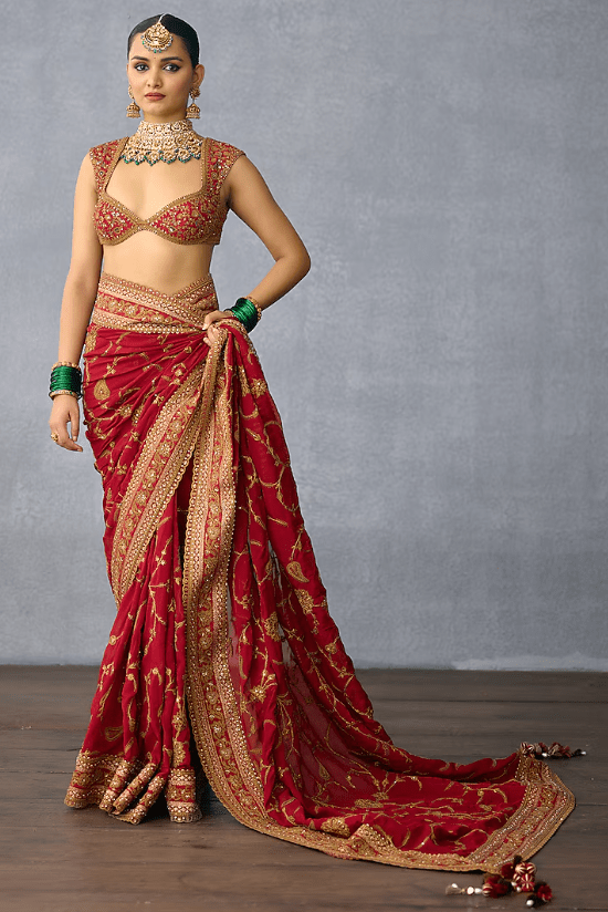 Red Jeni Silk & Organza Embroidered Saree - Image 5