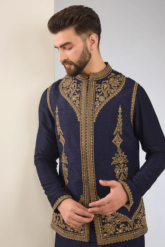 Navy Blue Cotton Silk & Slub Silk Embroidered Nehru Jacket Set - Image 5