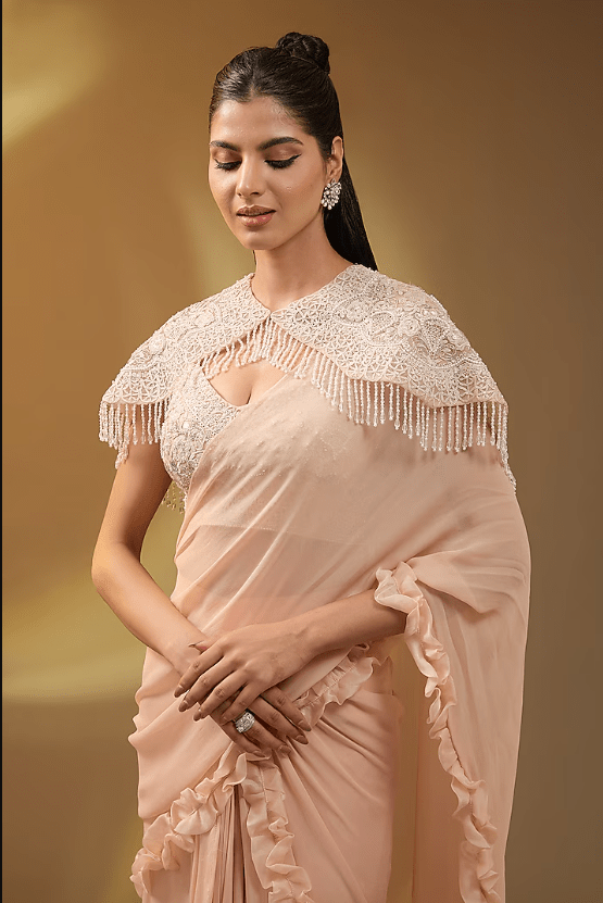 Beige Georgette Ruffled Saree Set - Image 5