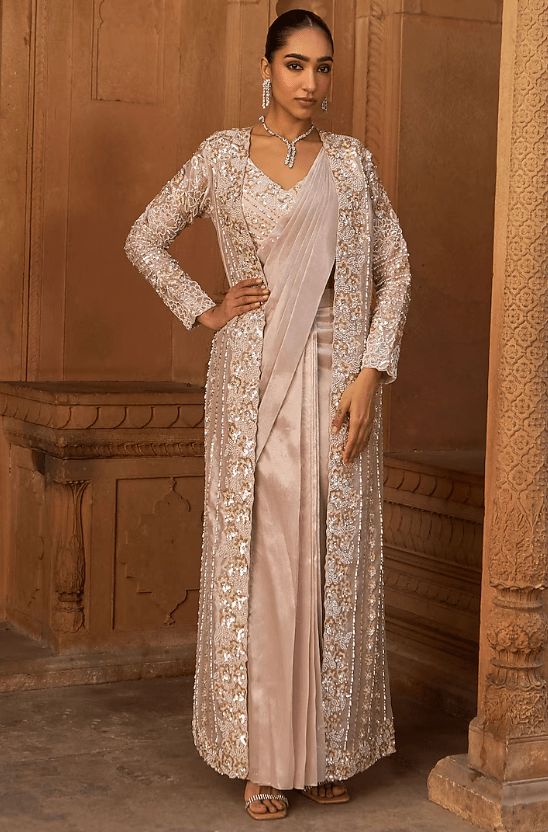Blush Pink Tissue & Silk Embroidered Jacket Saree Set