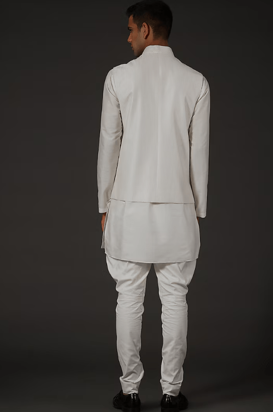 Ivory Chanderi Silk Embroidered & Block Printed Bundi Jacket - Image 2