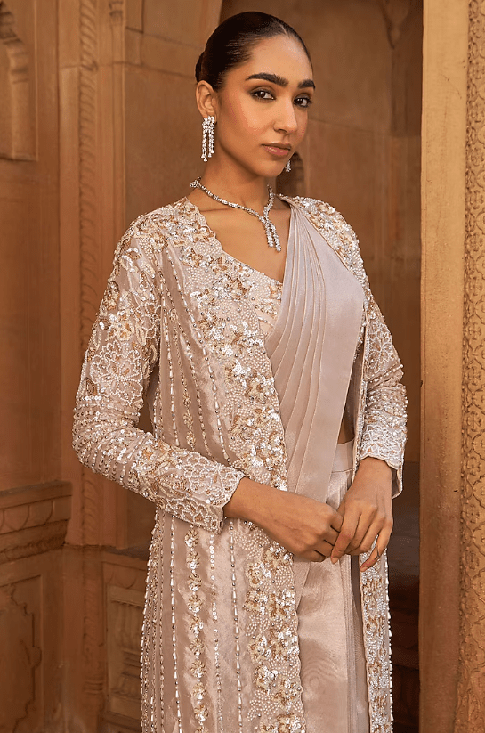 Blush Pink Tissue & Silk Embroidered Jacket Saree Set - Image 3