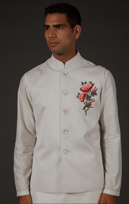 Ivory Chanderi Silk Embroidered & Block Printed Bundi Jacket - Image 3