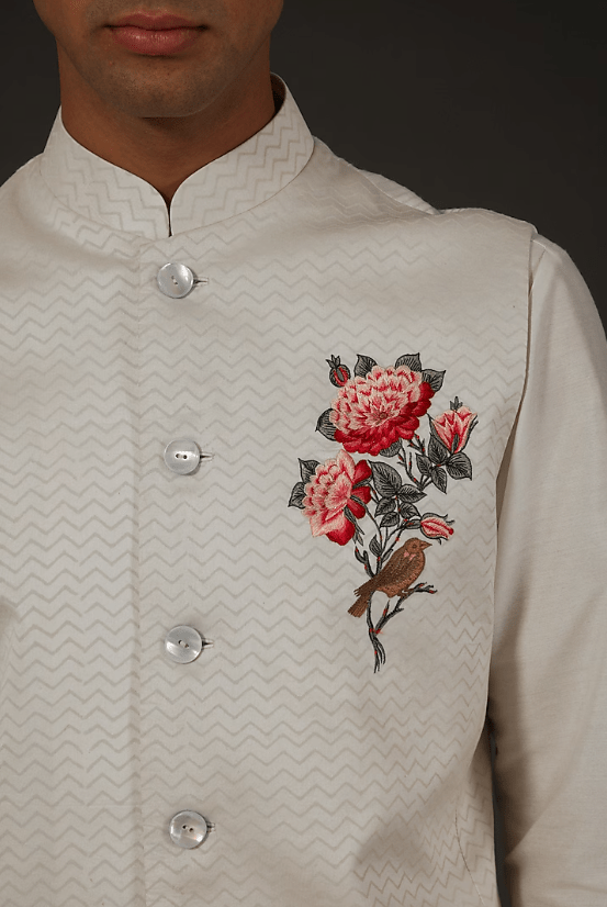 Ivory Chanderi Silk Embroidered & Block Printed Bundi Jacket - Image 4