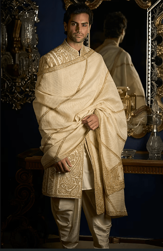Cream Raw Silk Embroidered Sherwani Set With Juttis & Stole - Image 4