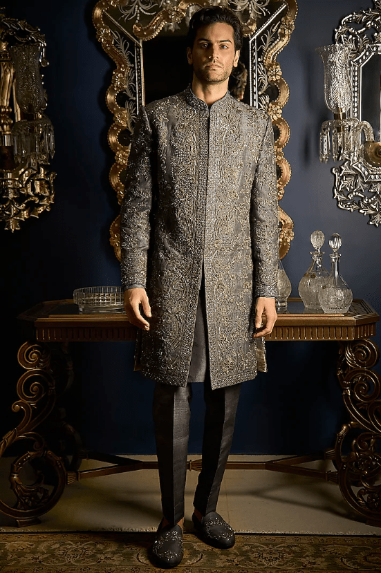 Steel Grey Raw Silk Embroidered Sherwani Set