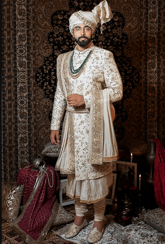 Ivory Raw Silk Jaal Embroidered Sherwani Set