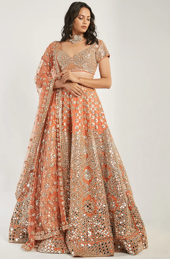 Orange Hand Embroidered Lehenga Set
