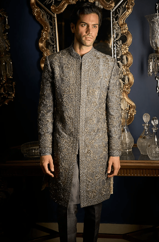 Steel Grey Raw Silk Embroidered Sherwani Set - Image 2