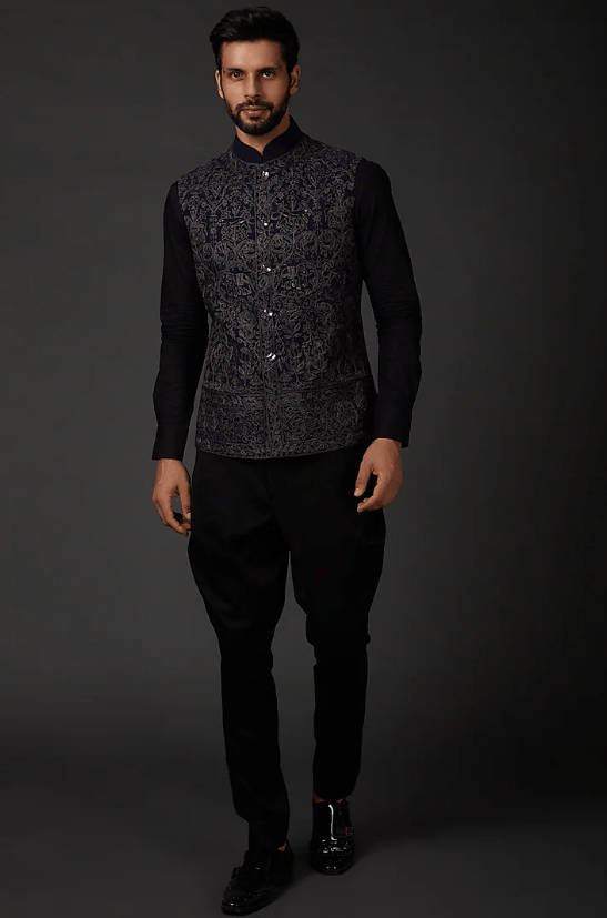 Indigo Blue Machine Embroidered Bundi Jacket
