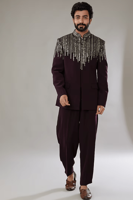 Wine Raw Silk Embroidered Bandhgala Set