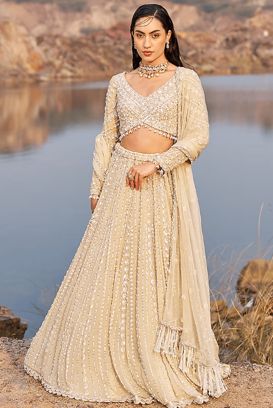 Golden Georgette Hand Embellished Lehenga Set