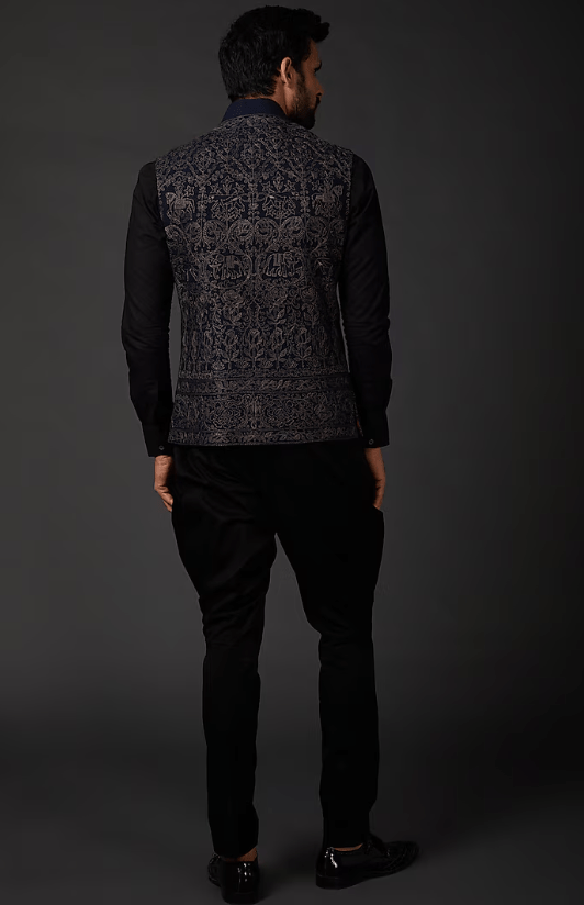 Indigo Blue Machine Embroidered Bundi Jacket - Image 2