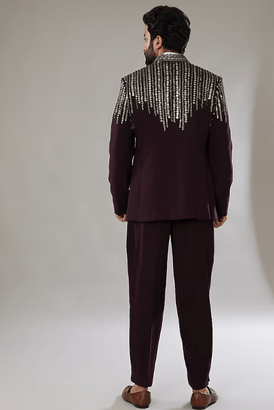 Wine Raw Silk Embroidered Bandhgala Set - Image 2