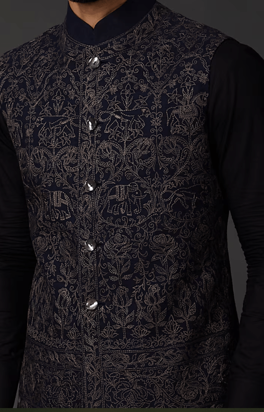 Indigo Blue Machine Embroidered Bundi Jacket - Image 3