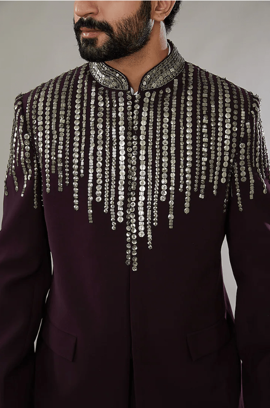 Wine Raw Silk Embroidered Bandhgala Set - Image 3