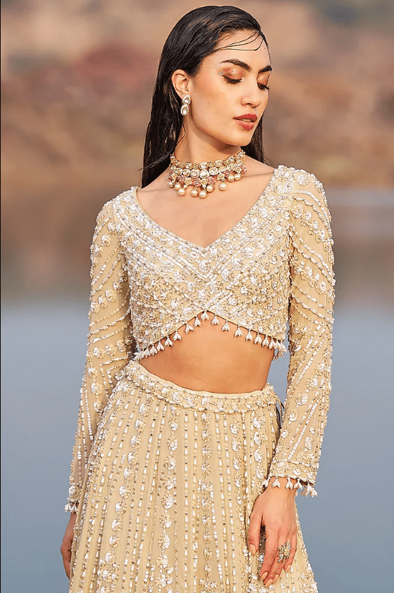 Golden Georgette Hand Embellished Lehenga Set - Image 4