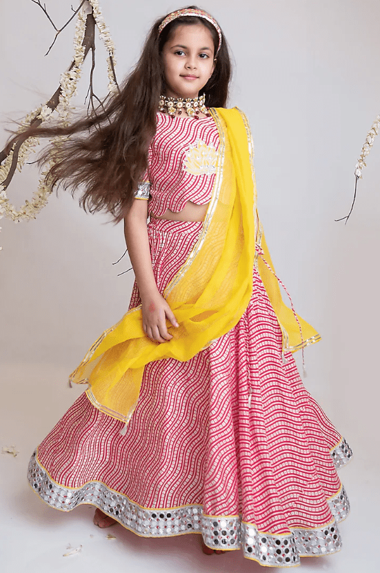 Red Organic Cotton Leheriya Printed Lehenga Set For Girls