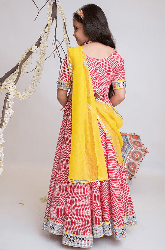 Red Organic Cotton Leheriya Printed Lehenga Set For Girls - Image 2