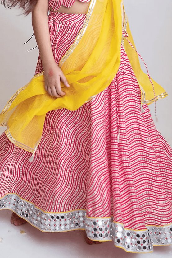 Red Organic Cotton Leheriya Printed Lehenga Set For Girls - Image 3