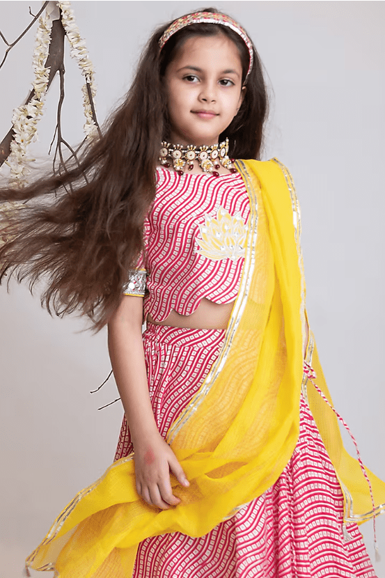 Red Organic Cotton Leheriya Printed Lehenga Set For Girls - Image 4