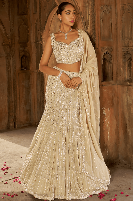 Golden Georgette Sequins Embroidered Fish-Cut Lehenga Set