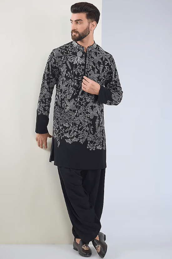 Black Silk Embroidered Kurta Set