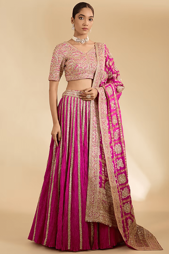 Pink Crushed Silk Gota Lehenga Set