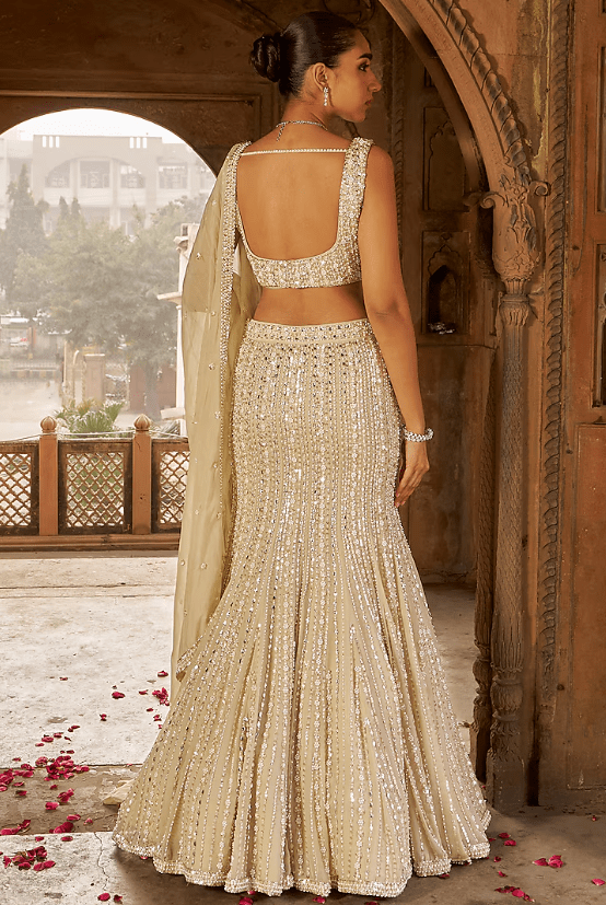 Golden Georgette Sequins Embroidered Fish-Cut Lehenga Set - Image 2