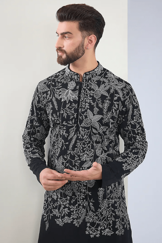 Black Silk Embroidered Kurta Set - Image 4