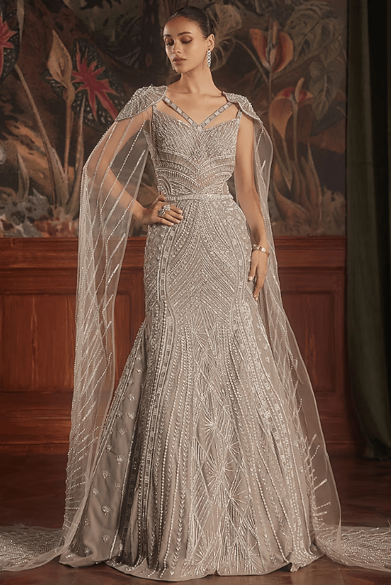 Taupe Grey Hand Embroidered Mermaid Gown