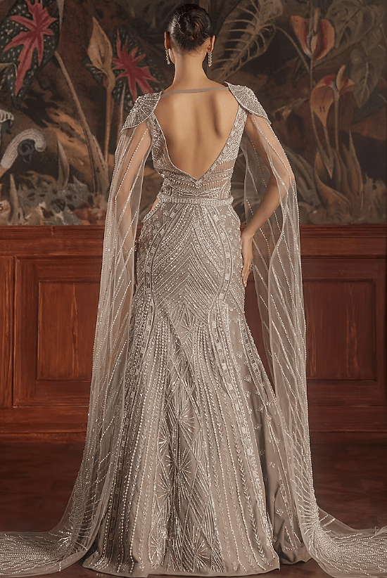 Taupe Grey Hand Embroidered Mermaid Gown - Image 2