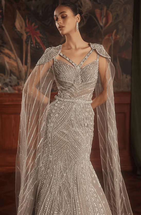 Taupe Grey Hand Embroidered Mermaid Gown - Image 4