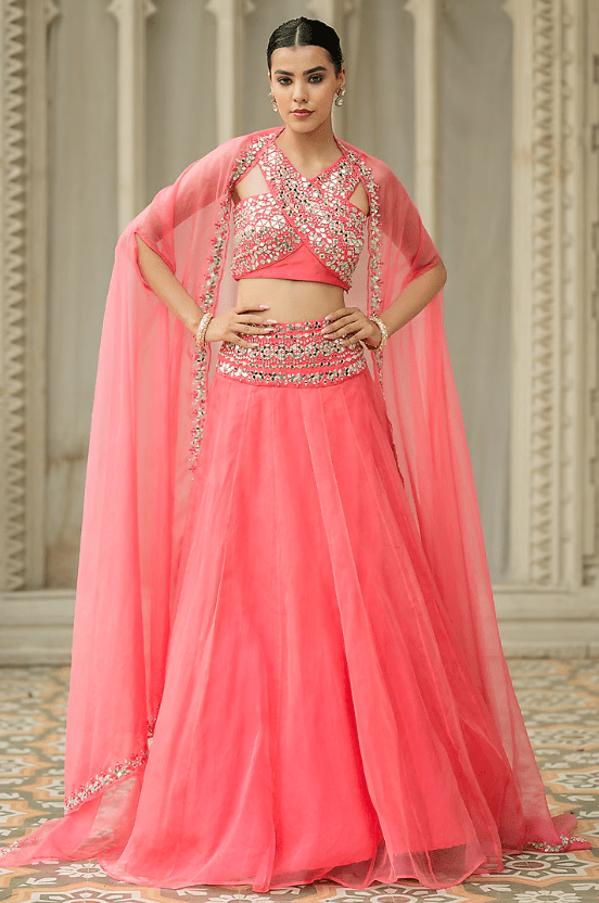 Pink Organza Mirror Embroidered Jacket Lehenga Set