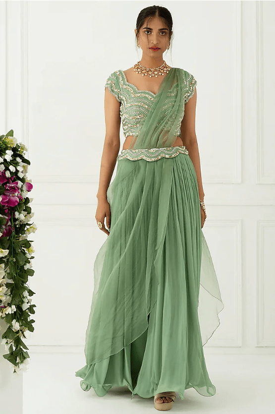 Green Crinkled Sharara Set