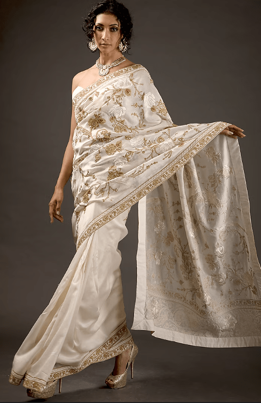 Ivory Chanderi Embroidered Saree Set
