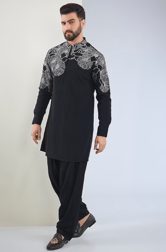 Black Silk Embroidered Kurta Set