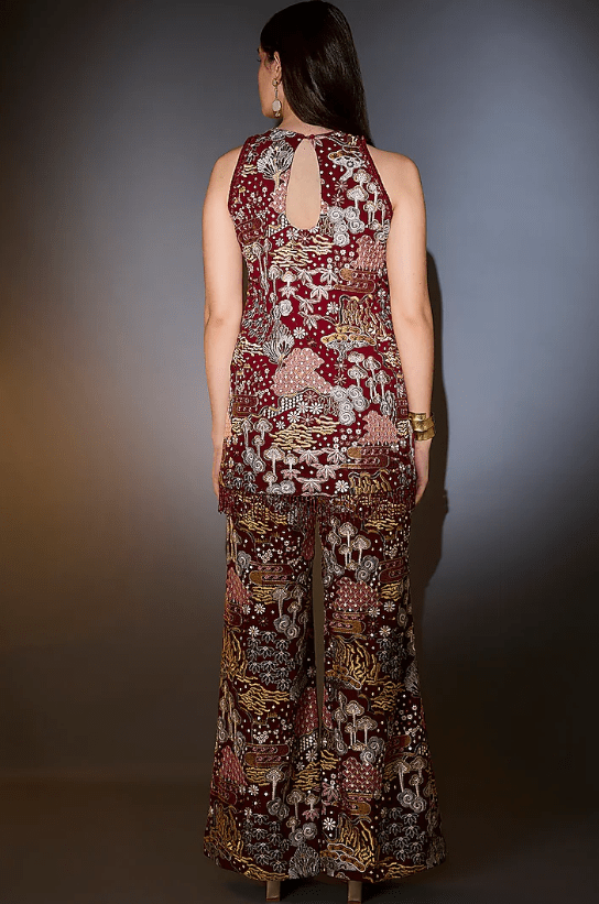 Red Georgette Floral Embroidered Co-Ord Set - Image 2