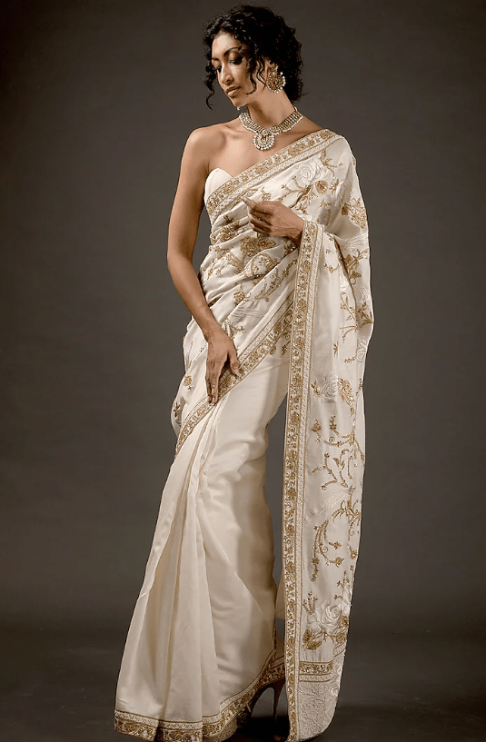 Ivory Chanderi Embroidered Saree Set - Image 3