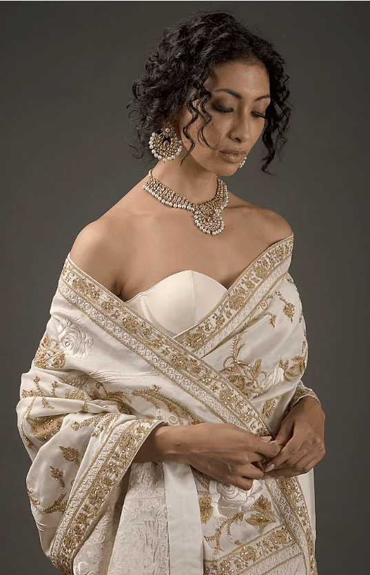 Ivory Chanderi Embroidered Saree Set - Image 4