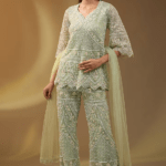 Green Net Hand & Machine Embroidered Bootleg Pant Set