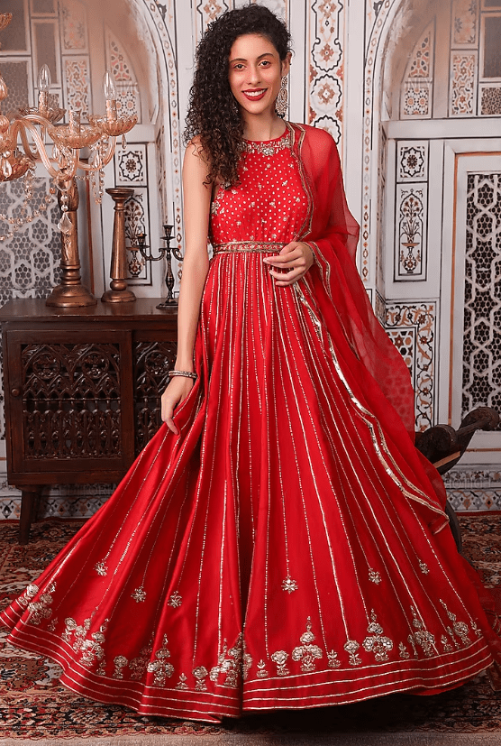 Rust Red Embellished Anarkali Set