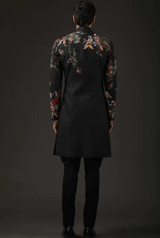 Black Silk Embroidered Sherwani - Image 2
