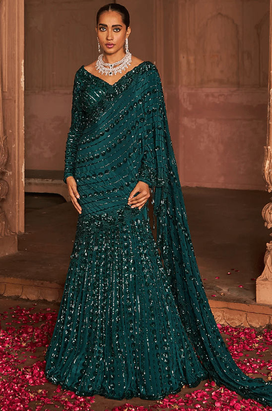 Bottle Green Crepe & Silk Embroidered Lehenga Saree Set