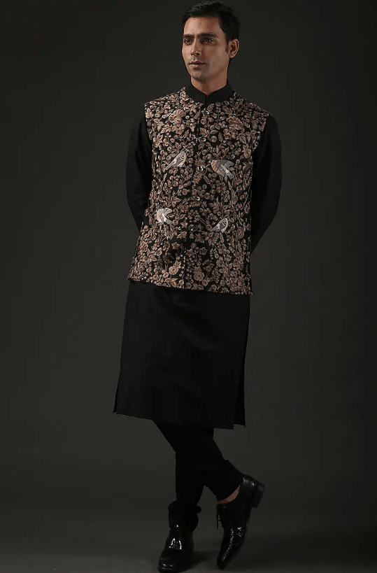 Black Chanderi Silk Resham Embroidered Nehru Jacket