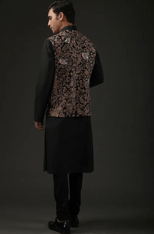 Black Chanderi Silk Resham Embroidered Nehru Jacket - Image 2