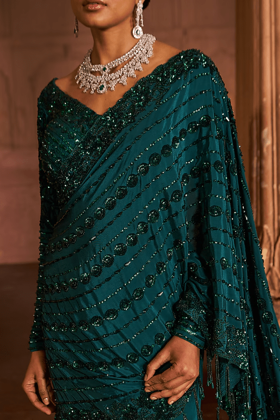 Bottle Green Crepe & Silk Embroidered Lehenga Saree Set - Image 3