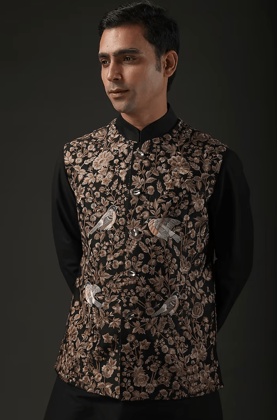 Black Chanderi Silk Resham Embroidered Nehru Jacket - Image 3