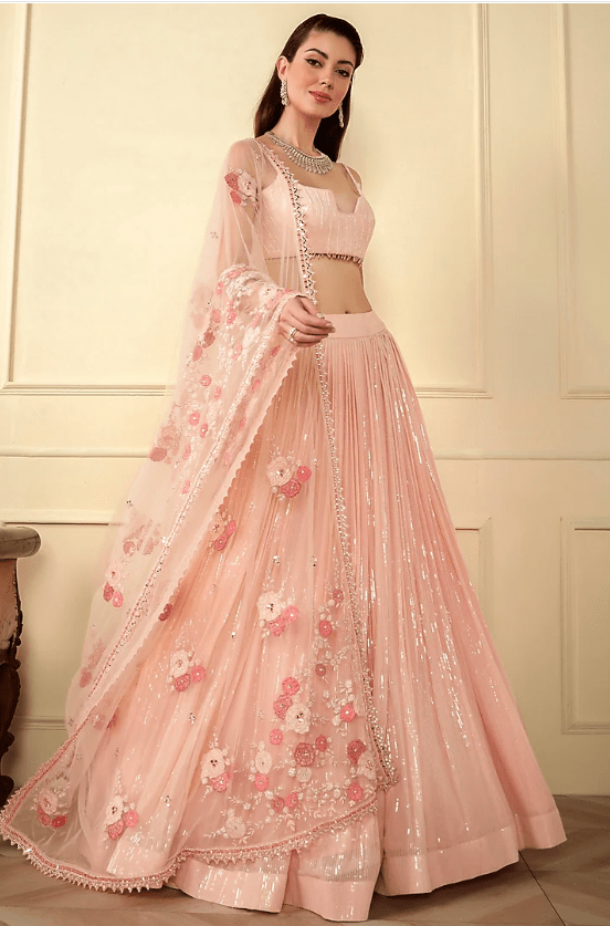 Pink Georgette Embroidered Lehenga Set